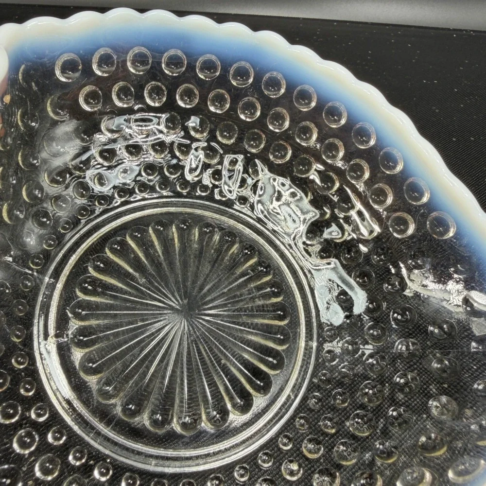 Anchor Hocking Moonstone Hobnail Opalescent Glass Bowl Ruffled Edge W‎ Handle